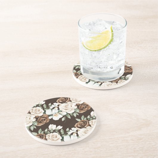 Dessous De Verre En Grès Fleurs Crème Marron Chocolat (Côté)