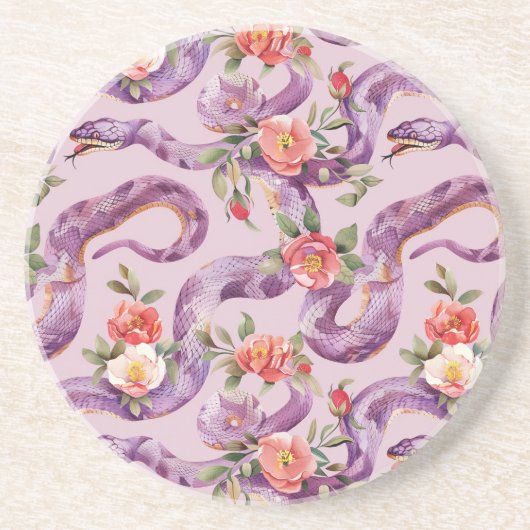 Dessous De Verre En Grès Fleurs Crème Rouges Serpents Violets (Devant)