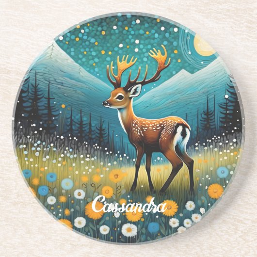 Dessous De Verre En Grès Fleurs de cerfs mignons Imaginaire de prairie (Devant)
