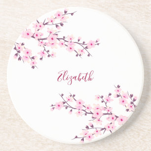 Dessous De Verre En Grès Fleurs de cerisier rose blanc Monogramme  