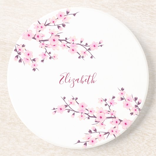Dessous De Verre En Grès Fleurs de cerisier rose blanc Monogramme   (Devant)