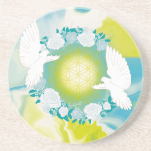 Dessous De Verre En Grès Fleurs de Colombes Blancs Géométrie Sacrée de la V