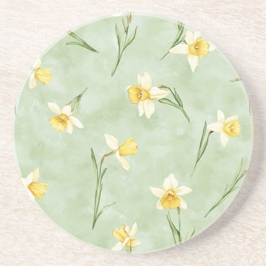 Dessous De Verre En Grès Fleurs de jonquilles jaune vert menthe (Devant)