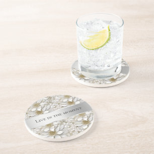 Dessous De Verre En Grès Fleurs de Lotus Blanc Or