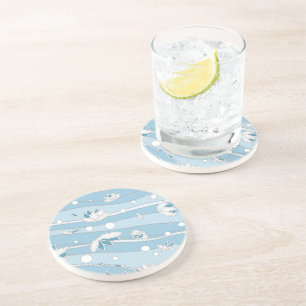Dessous De Verre En Grès Fleurs de Lotus Blancs sur bandes Bleues