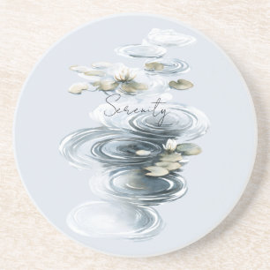 Dessous De Verre En Grès Fleurs de lotus et nénuphars de sérénité bleu pâle