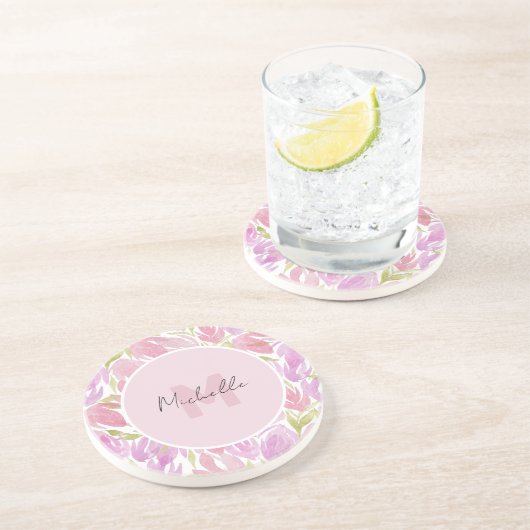Dessous De Verre En Grès Fleurs de monogramme aquarelle rose fuchsia occide (Côté)