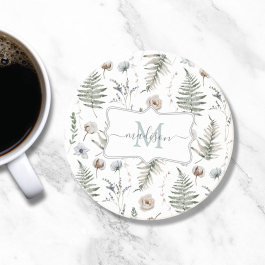 Dessous De Verre En Grès Fleurs de monogramme et feuilles de fougère floral