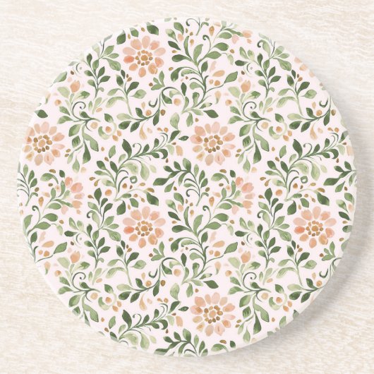 Dessous De Verre En Grès Fleurs de Pêche Rose Feuilles Vertes (Devant)