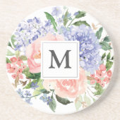 Dessous De Verre En Grès Fleurs de printemps bleu rose à l'aquarelle avec m (Devant)