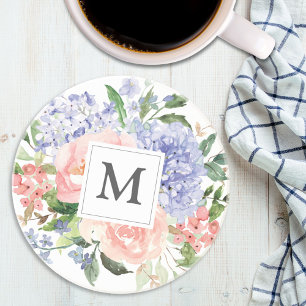 Dessous De Verre En Grès Fleurs de printemps bleu rose aquarelle monogrammé