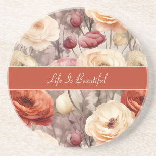 Dessous De Verre En Grès Fleurs de Ranunculus Crème Rose Rouge