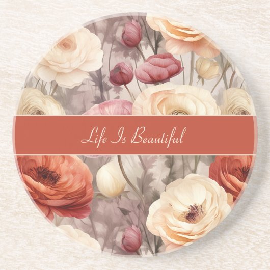 Dessous De Verre En Grès Fleurs de Ranunculus Crème Rose Rouge (Devant)