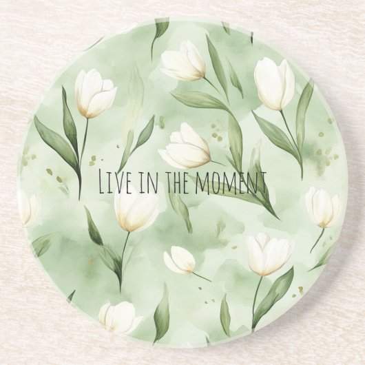 Dessous De Verre En Grès Fleurs de tulipes blanches vertes (Devant)