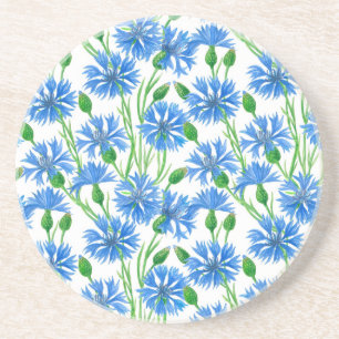 Dessous De Verre En Grès Fleurs d'eau bleu, fleurs sauvages sur blanc