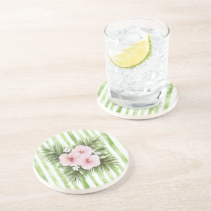 Dessous De Verre En Grès Fleurs d'Hibiscus Rose avec Rayures Vertes  