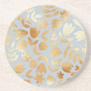 Dessous De Verre En Grès Fleurs d'or, arrière - plan bleu, imitation feuill