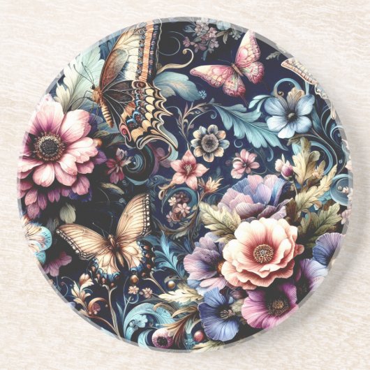 Dessous De Verre En Grès Fleurs et papillons de printemps antiques (Devant)