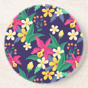 Dessous De Verre En Grès Fleurs Exotiques Colorées Et Motif Feuille-55667