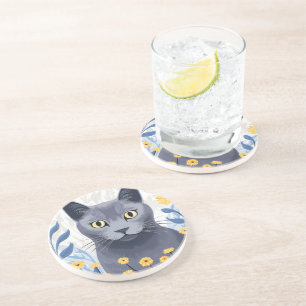 Dessous De Verre En Grès Fleurs Jaunes Chat Bleu Russe