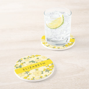 Dessous De Verre En Grès Fleurs Jaunes, Motif De Fleurs, Votre Nom