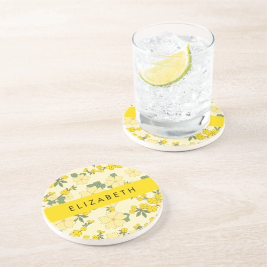 Dessous De Verre En Grès Fleurs Jaunes, Motif De Fleurs, Votre Nom (Côté)