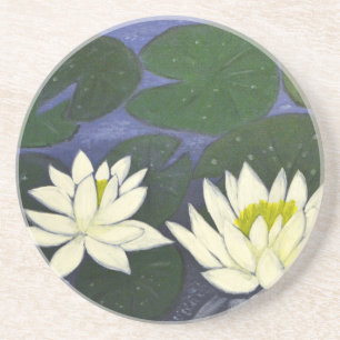 Dessous De Verre En Grès Fleurs Nénuphars blanches, peinture acrylique