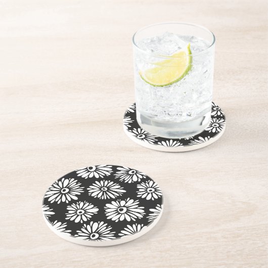 Dessous De Verre En Grès Fleurs noires et blanches funky (Côté)