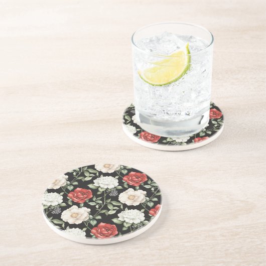 Dessous De Verre En Grès Fleurs Noires Rouges Blanches Chic (Côté)