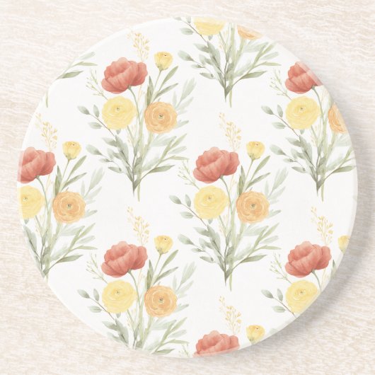Dessous De Verre En Grès Fleurs Orange Jaune Rouge (Devant)