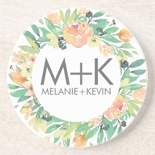 Dessous De Verre En Grès Fleurs Pastel Peach Wreath Design Mariage (Devant)