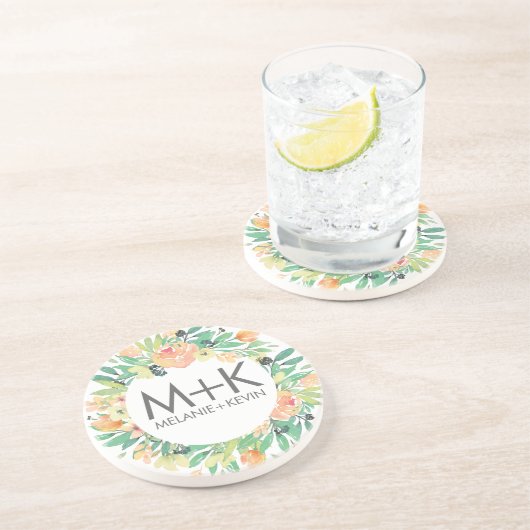 Dessous De Verre En Grès Fleurs Pastel Peach Wreath Design Mariage (Côté)