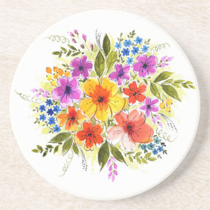 Dessous De Verre En Grès Fleurs peintes à la main, bouquet d'aquarelle lumi