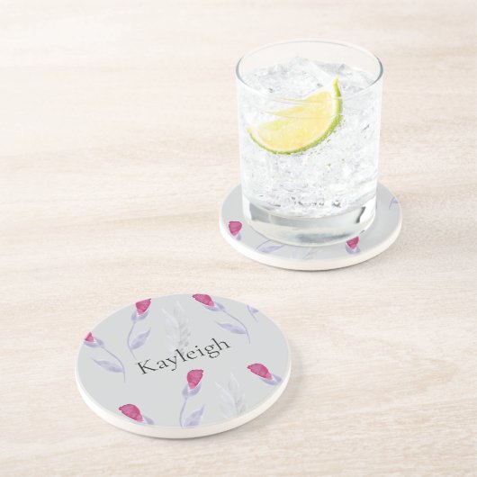 Dessous De Verre En Grès Fleurs rose gris (Côté)