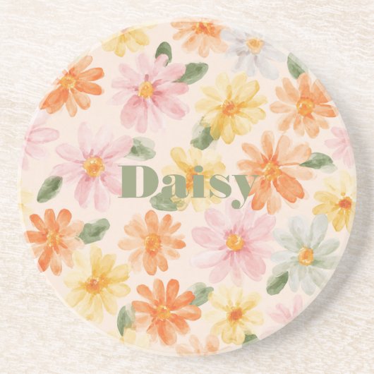 Dessous De Verre En Grès Fleurs Rose Jaune Bleu Pêche (Devant)