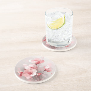 Dessous De Verre En Grès Fleurs roses, blanches et grises