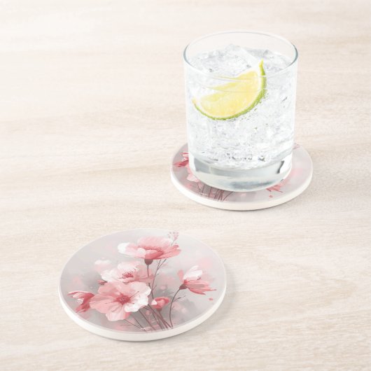 Dessous De Verre En Grès Fleurs roses, blanches et grises (Côté)