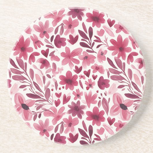 Dessous De Verre En Grès Fleurs Roses Rouges Fillettes Crème Cœurs   (Devant)