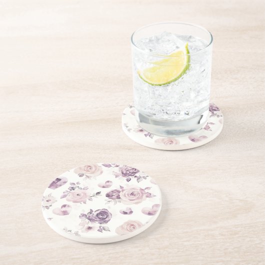Dessous De Verre En Grès Fleurs roses violettes et cœurs (Côté)