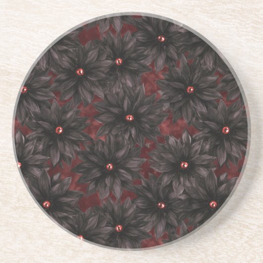 Dessous De Verre En Grès Fleurs Rouge Noir (Devant)