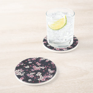 Dessous De Verre En Grès Fleurs Sakura Roses Noires, Design Motif,