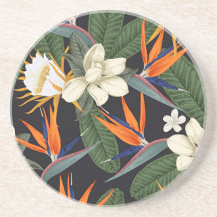 Dessous De Verre En Grès Fleurs tropicales, arrière - plan foncé, sans cout
