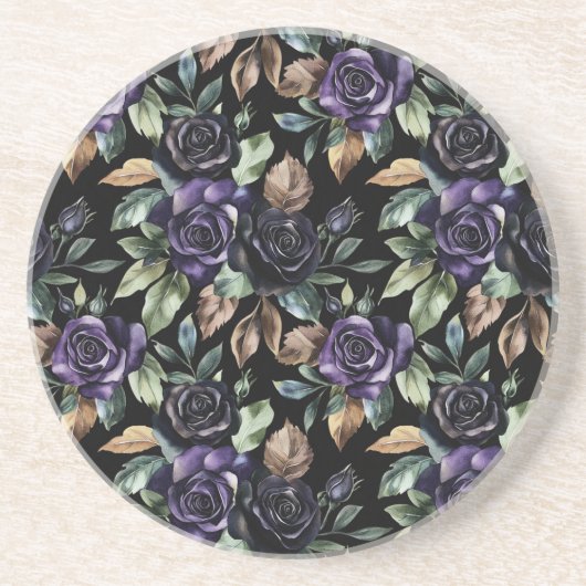 Dessous De Verre En Grès Fleurs Violettes Feuilles Bronze (Devant)