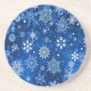 Dessous De Verre En Grès Flocons de Noël Bleus et Argent