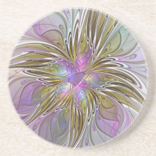 Dessous De Verre En Grès Floral Coloré Abstrait Fractal Avec Rose & Or