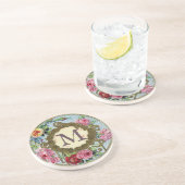 Dessous De Verre En Grès Floral français d'antiquité monogramme (Côté)