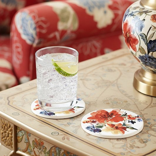 Dessous De Verre En Grès Floral orange et bleu