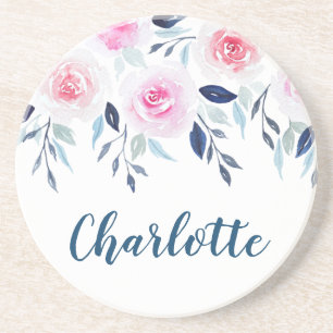 Dessous De Verre En Grès Floral rose Roses Aquarelle Nom personnalisé