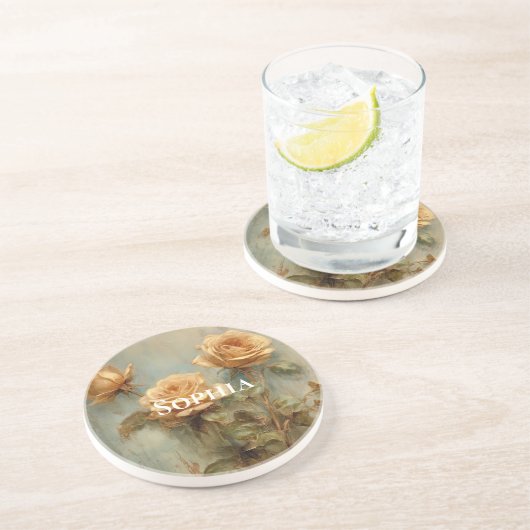 Dessous De Verre En Grès Flore Rose de pêche romantique (Côté)