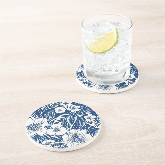 Dessous De Verre En Grès Flore tropicale en bleu et blanc (Côté)